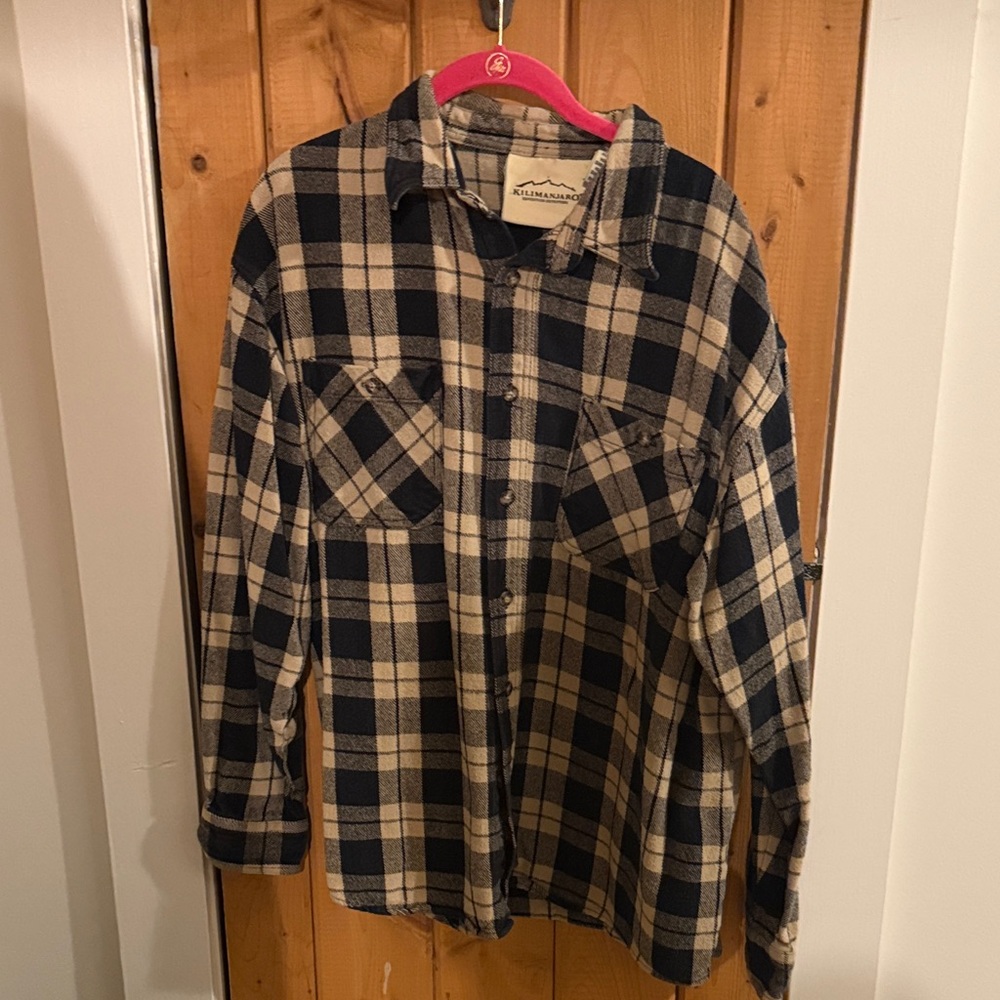 Black and off-white Plaid Men's button down Shirt